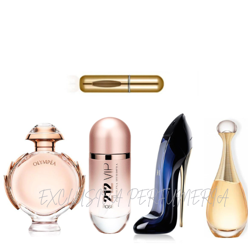 KIT 4 PERFUMES + 1 REGALOS (Good girl + 212 Vip Rose +Olympea + Jadore + perfumero)